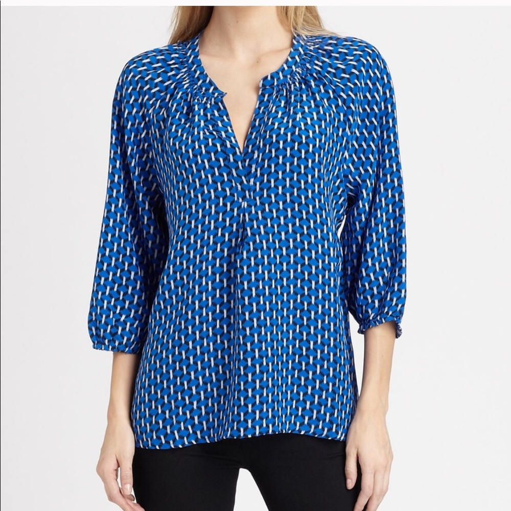 Joie Blue Addie B Print 100% Silk Large Blouse
